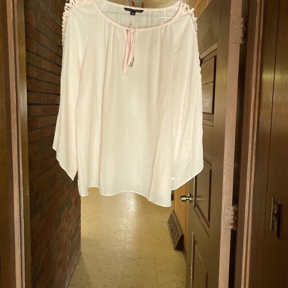 X-large light pink blouse. Long sleeve sheer blouse. Sexy arms.